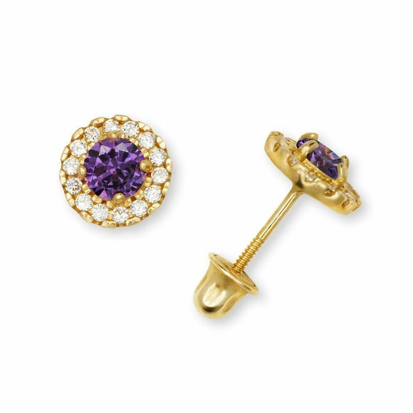 Solid 14K Yellow Gold Halo Birthstone Stud Screw Back Earrings w/ Sparkly Stones - Picture 2 of 12